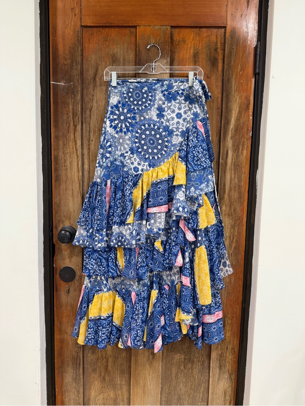 Misa Los Angeles Blue Floral Tiered Maxi Skirt with Yellow & Pink Accents